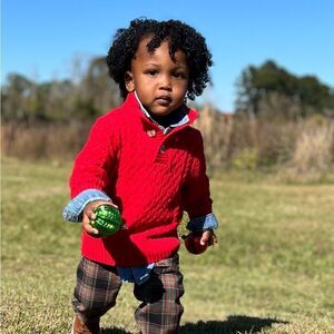 Cat & Jack Red Cable Knit Sweater and Plaid Pants like New Condition